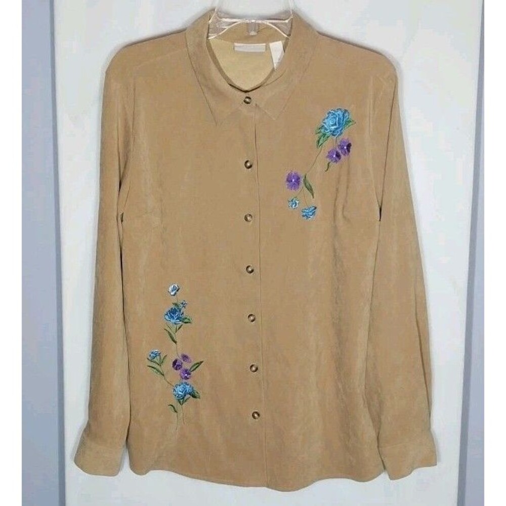 Embroidered Faux Suede Button Up Shirt Women's M Tan Floral Boho Western Top